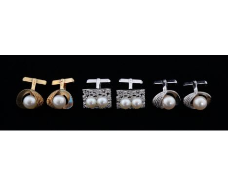 Three pairs of cufflinks, one pair gold with pearl and rope design, stamped 14 ct, and two others white metal stamped S  