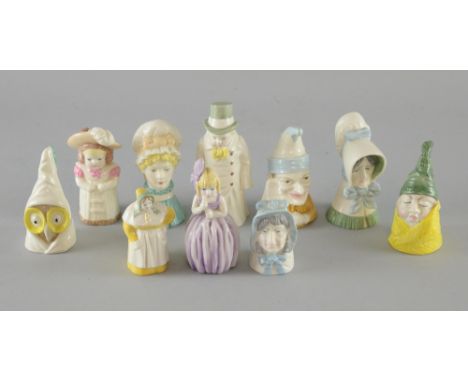 Ten Royal Worcester candle snuffers:  Owl, Hush, Mr Caudle, Punch, Mrs Caudle, Old Woman, French Cook, Feathered Hat Mob Cap,