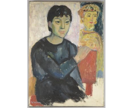 õ Michel Kikoine, (1892-1968) oil on canvas, portrait of a seated man dressed in grey and blue with a lady beyond, signed low