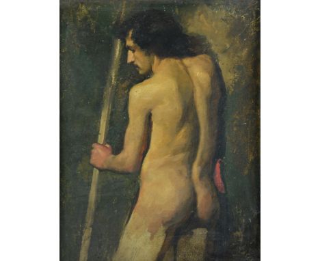 Charles Gogin  ( British 1844-1931) study of a naked man holding a staff, the reverse with a study of naked women oil on boar