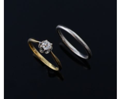 Edwardian diamond ring and wedding band diamond ring in white and yellow 18 ct gold, wedding band platinum 