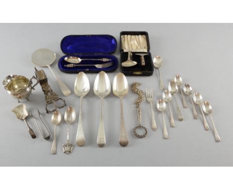 Three George III silver Old English pattern tablespoons, small selection of other flatware, ladies magnifying glass and a pla