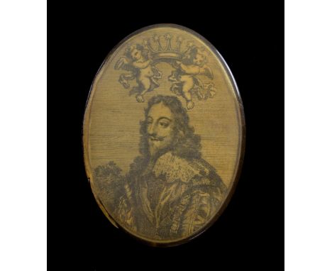 17th century oval horn snuff box with line engravings of Charles I and, inside, of Charles II hiding in the Royal oak,  8cm X