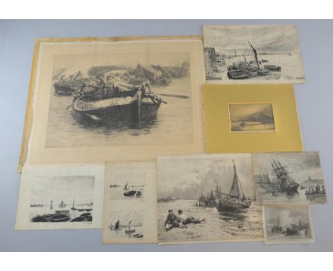 W L Wyllie, winch men on a barge, Engraving, signed in pencil, 32 44cm, E M Field, three engravings, M W Ridley, two engravin