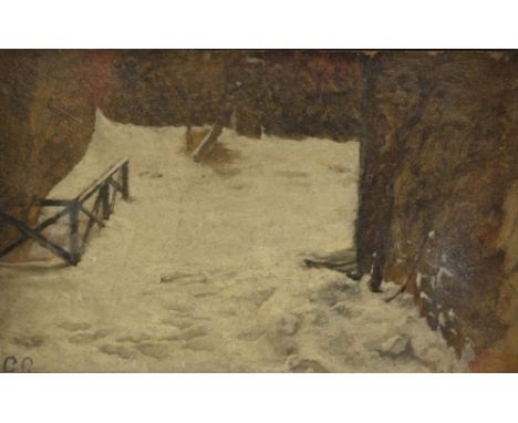 Charles Gogin  ( British 1844-1931)  'Snow 64 Easton Road London 1890'  monogrammed oil on board , signed, inscribed verso, 1