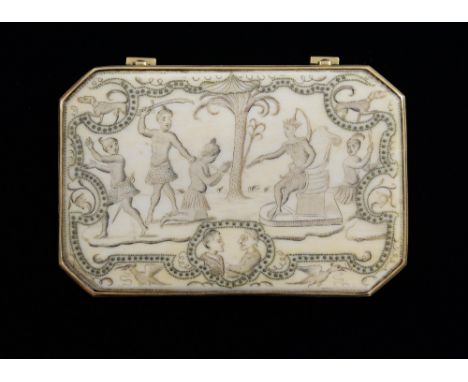 An 18th century ivory octagonal snuff box with untested gilt metal mounts, the cover with a fine engraving of a ritual execut