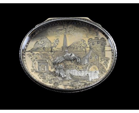 18th Century unmarked gilt and white metal oval snuff box, the rock crystal cover opening to reveal a half hinged secondary c