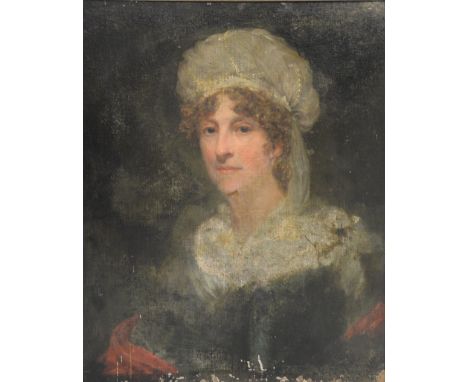 18th Century portrait of lady in a white hat, unsigned oil on canvas. 70cm x 60cm. Hand written label verso: A portrait of An
