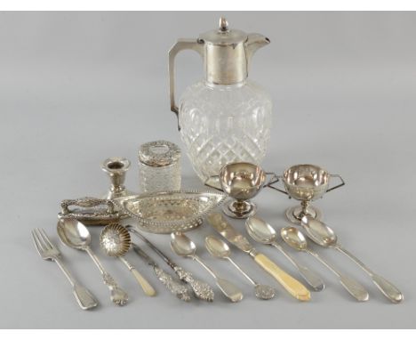 Edward VII silver mounted claret jug, London, 1902, (glass cracked), two small trophies, boat shaped dish, dressing table jar