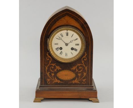 Early 20th century rosewood and marquetry inlaid mantel clock, the white enamelled dial with twin train movement, Roman numer