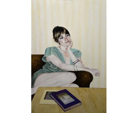20th century portrait of a young woman seated in front of a coffee table, unsigned oil on canvas 137cm x 90cm Provenance:   S