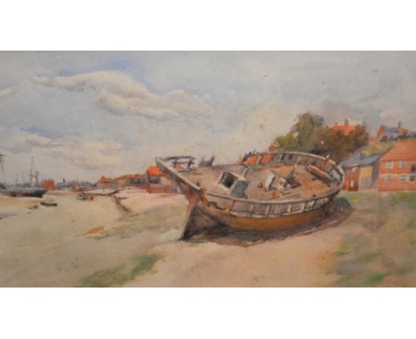 English school moored wreck unsigned watercolour 19cm x 30cm and a interior scene unsigned watercolour 11cm x 17cm  Provenanc