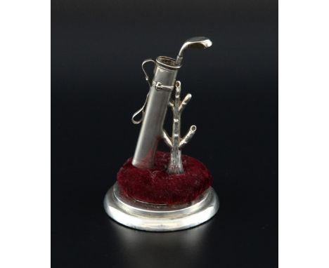 George V silver novelty ring tree/pin cushion in the form of a golf bag and club, by Crisford & Norris Ltd., Birmingham, 1910