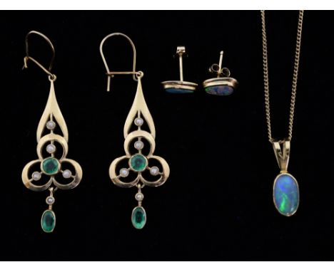 A pair of opal and gold ear studs,  a opal doublet pendant in 14 ct gold, together with a pair of emerald, pearl and gold dro