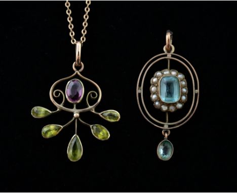 Two 19th C gem set pendants, including a rhodolite garnet and peridot gold pendant with chain and a blue stone and pearl pend
