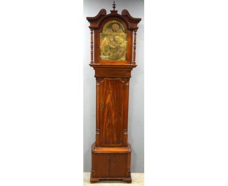 18th century eight day longcase clock with painted moon face dial, subsidiary second dial with twin train movement, in later 