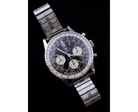 Gentleman's Breitling stainless steel chronograph Navitimer watch, ref 806, black dial with applied markers, three silver dia