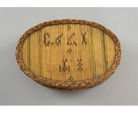 Oval straw work tabacco box, IT 1793 11cm X 7cm, and and oval brass tobacco box, the cover engraved Elijah being fed by crows