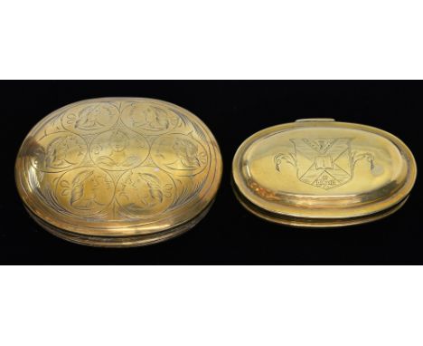 18th century oval brass snuff box, probably made in Holland for the English market, the cover engraved with European monarchs