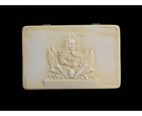 Early 18th century rectangular ivory snuff box, the cover carved with a portrait of John Churchill (1650-1722) above a trophy