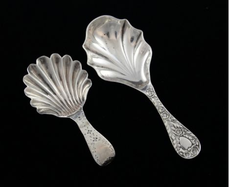 George III silver shell form caddy spoon with bright cut decoration, by Hester Bateman, London, 1787, and another shell form 