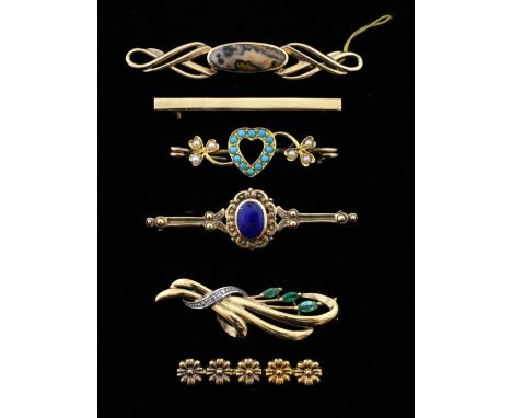 Gold brooches, a Victorian heart brooch set with pearl and turquoise, a lapis lazuli set brooch, another set with emeralds an