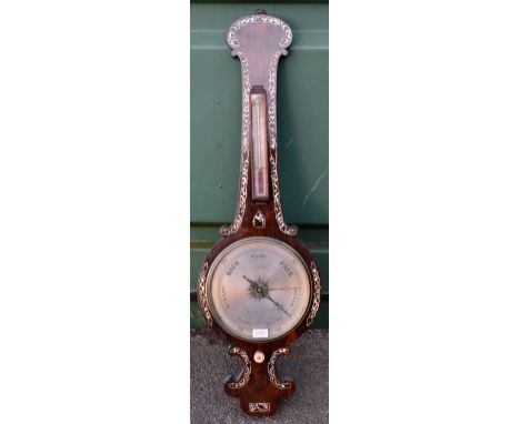 19th century rosewood and mother of pearl inlaid banjo barometer, silvered dial inscribed 'Cuzner, Shepton-Mallet', 104cm hig