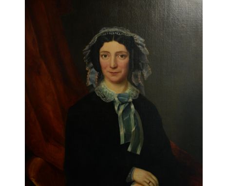 19th Century portrait of a woman in a blue bonnet, unsigned oil on canvas 107cm x 75cm Provenance:   Single owner collection