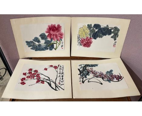A set of four mid 20th Century Chinese brush paintings, mounted on paper, flower studies, each signed with studio stamp. Chri