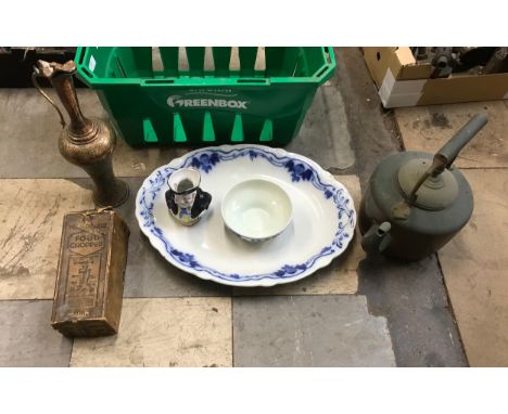 An oval blue and white platter, blue and white Delft bowl, small Toby jug, vintage food chopper, copper kettle and an Eastern