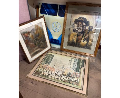 Walter Jones West Millhouse, watercolour, framed and three others, including an L.S Lowry print