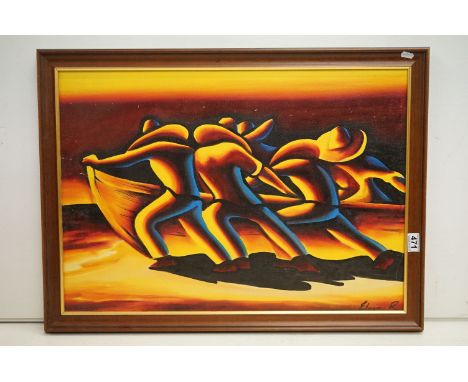 Etrem R ?, modernist scene, figures with a boat, oil on canvas, signed lower right 48.5 x 69cm, framed 