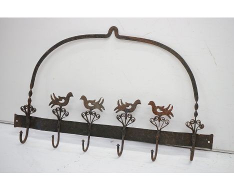 Vintage Wrought Iron Hanging Wall / Game Hooks with bird motifs, 60cm wide