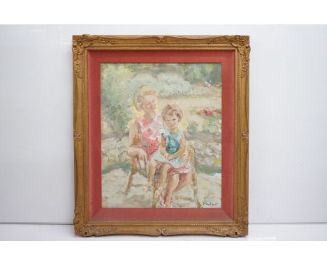 Marius Woulfart (1905 - 1991), portrait of a mother and child, oil on canvas, variously inscribed to stretcher verso, includi