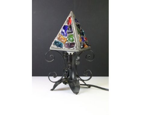 Mid century Retro ‘ Peter Marsh ‘ Wrought Iron Table Lamp, the shade with leaded coloured glass chunks, 34cm high 