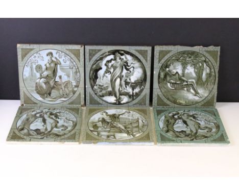 Six Victorian Minton &amp; Hollins pottery square tiles, decorated with scenes from Shakespeare plays, featuring As You Like 