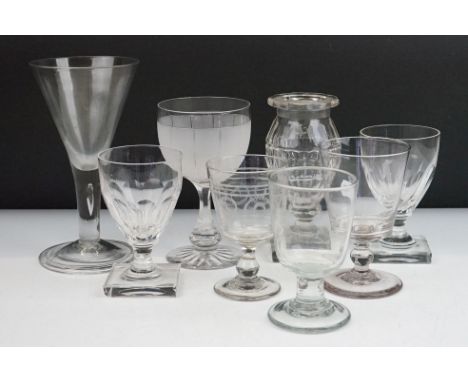 Group of 19th Century glass to include a control bubble stem glass, etched glass, a pair of faceted glasses, wine glasses and