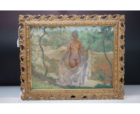 A pierced gilt framed, signed and dated oil on board, portrait of a nude female by a woodland pond, 19 x 38cm 