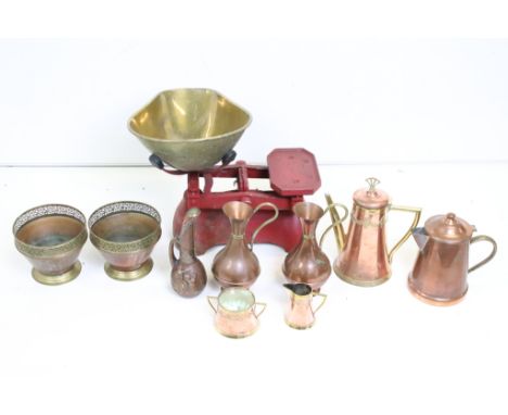 Group of mixed copper ware to include a three-part coffee set, pair of planters, 19th century ewer, pair of ewers, and teapot