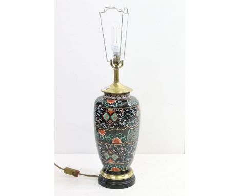 Chinese black ground baluster vase converted to table lamp, with floral &amp; scrolling decoration, with wooden base. (Measur