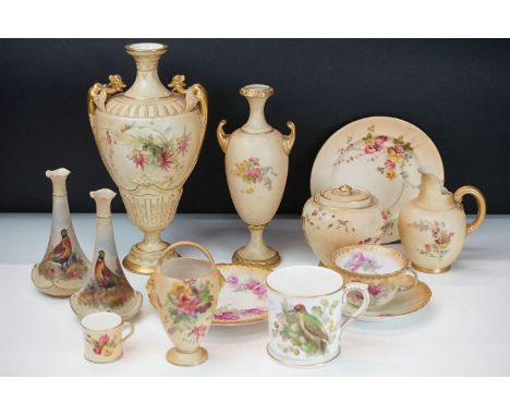 Collection of Royal Worcester ivory blush ceramics to include a tapering vase with twin dragon handles, a smaller twin handle