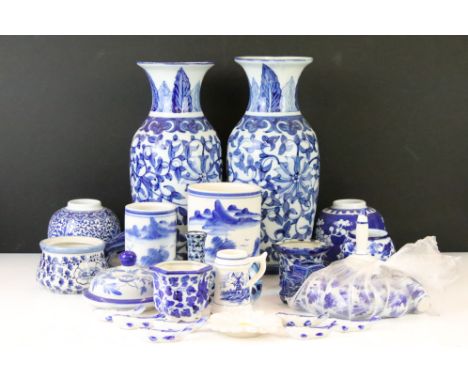 Collection of 20th Century Chinese blue and white ceramics to include a pair of hand painted baluster vases, prunus pattern g