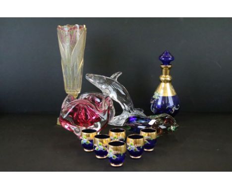 Bohemian Glass Smoke Set, Vintage Cobalt Blue and Clear Cut Table Lighter, Cigarette Holder 2024 and Ashtray