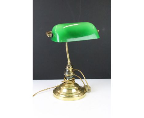 Brass Bankers style Desk Lamp with green glass shade, 36cm high 