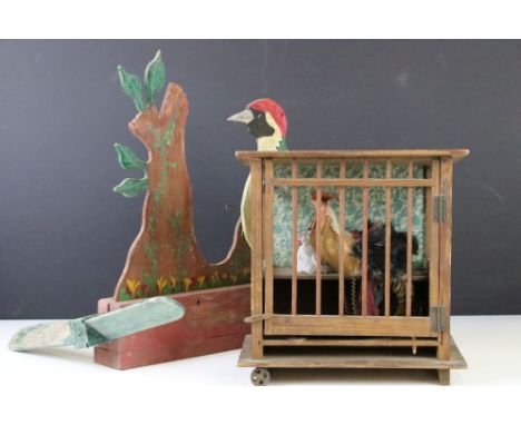 Early 20th century folk art mechanical wooden figure of a cockerel &amp; chicken in coup, raised on four wheels (approx 24cm 