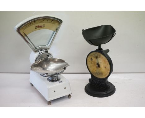 Cast metal Military Salter shop scales, the brass dial with broad arrow mark dated 1943, no. 50T; together a vintage set of s
