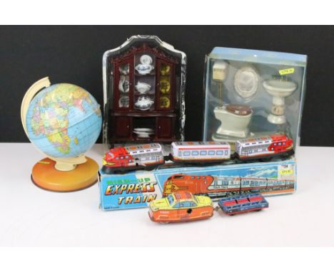 Three vintage tin plate toys including globe and clock work train together with boxed Hichleton interiors dolls house furnitu