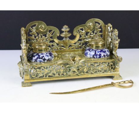 19th century style Pierced Brass Standish or Desk Stand in the form of a Hall Bench, with twin brass capped ceramic inkwells 