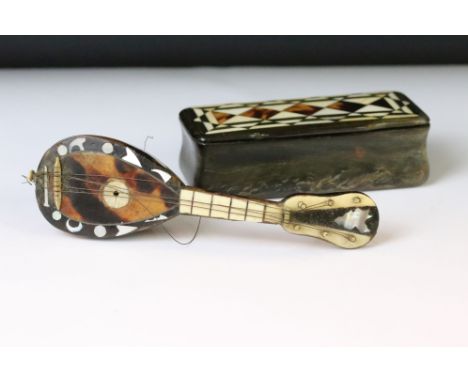 19th century tortoiseshell and horn table snuff box, hinged lid, dimensions approx 9.5 x 4.5 x 2.5cm; together with a mother-