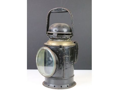 Railwayana - An early-to-mid 20th C British Rail lamp, stamped B.R.(W), with two coloured filters intact and Sherwood burner.